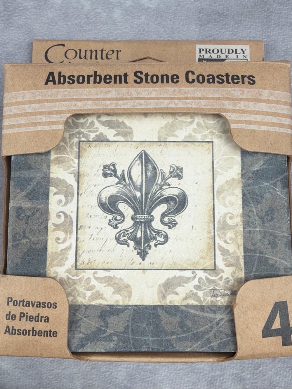 Absorbent Stone Coasters - Fleur-de-Lis Design in Cream and Gray